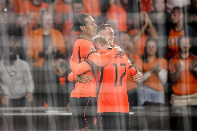 EINDHOVEN - (lr) Virgil van Dijk of the Netherlands, Mexx Meerdink of the Netherlands, and Teun Koopmeiners of the Netherlands celebrate the 1-0 during the UEFA Nations League match between the Netherlands and Serbia at the Philips Stadium on October 4, 2026, in Eindhoven, the Netherlands. MAURICE VAN STEEN ANP UEFA Nations League 2026 27 xVIxANPxSportx xMauricexvanxSteenxIVx 571520421 originalFilename: 571520421.jpg