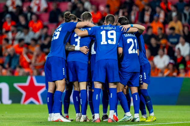 EINDHOVEN: Serbian players celebrate the goal scored by Serbian forward Mihajlo Cvetkovic, which tied the score at 1–1, during the UEFA Nations League match between the Netherlands and Serbia at Philips Stadion on October 4, 2026, in Eindhoven, the Netherlands. Photo by DeFodi Images