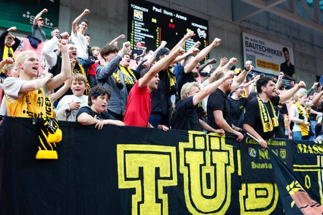 Tübingen fans celebrate the victory, GER, Tigers Tübingen vs. Nuremberg Falcons, basketball, ProA, Matchday 3, 2026–2027 season, October 4, 2026, GER, Tigers Tübingen vs. Nuremberg Falcons, Basketball, ProA, Matchday 3, 2026–2027 season, October 4, 2026, Tigers Tübingen Copyright: xEibner-Pressefoto KirstenxJaegerx