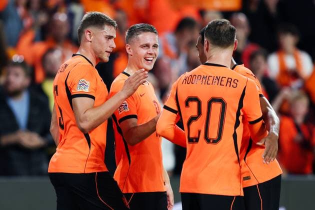 EINDHOVEN - (lr) Micky van de Ven of the Netherlands, Joey Veerman of the Netherlands, Teun Koopmeiners of the Netherlands, and Ryan Gravenberch of the Netherlands celebrate the 1-0 during the UEFA Nations League match between the Netherlands and Serbia at the Philips Stadium on October 4, 2026, in Eindhoven, the Netherlands. SONNY LENSEN ANP xVIxANPxSportx xxANPxIVx 571520745 originalFilename: 571520745.jpg
