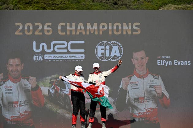 IPA89309012 - ,Driver Elfyn Evans and Co-Driver Scott Martin of the Toyota Gazoo Racing WRT team, driving the Toyota GR Yaris Rally1, celebrate their victory as champions during the FIA World Rally Championship WRC, Motorsport Rallye, WM Rally Italia Sardegna 2026 on October 4 in Alghero, Sardinia, Italy  Copyright: xLucaxBarsali IPAxSportx xx IPA89309012