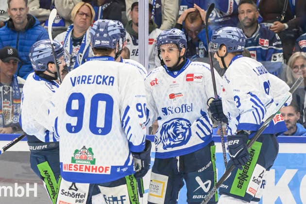 Pictured, from left: Nick Halloran (Straubing Tigers); the Straubing team celebrates after scoring the 0-1 goal; goal, score, celebration, goal celebration, joy, enthusiasm, celebrating, GER, BW, VS, Penny DEL, Ice Hockey League, Matchday 6, Schwenninger Wild Wings vs. Straubing Tigers at the Helios Arena in Villingen-Schwenningen, October 4, 2026, Copyright: HMBxMedia UwexKoch
