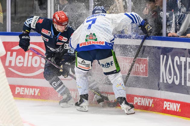 Pictured, from left: Hakon Haenelt (Schwenninger Wild Wings), Nicolas Beaudin (Straubing Tigers); face-off, action, battle, fighting for the puck, GER, BW, VS, Penny DEL, Ice Hockey League, Matchday 6, Schwenninger Wild Wings vs. Straubing Tigers at the Helios Arena in Villingen-Schwenningen, October 4, 2026, Copyright: HMBxMedia UwexKoch