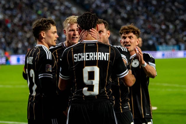 Derry Scherhant David Raum goal celebration seen during UEFA Nations League Division A game between National Teams of Greece and Germany (Jacek Prondzynski Ball Raw Images) Thessaloniki Greece, Thessaloniki Greece Copyright: xJacekxProndzynskix jacekprondzynski_greecegermany_2627_055