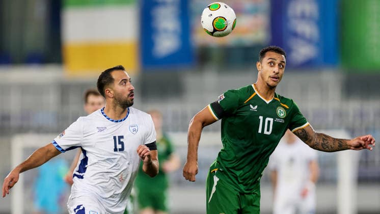 UEFA Nations League Group Stage, TSC Arena, BaÄka Topola, Serbia 4 10 2026 Republic of Ireland vs Israel Ireland™s Adam Idah is pressured by Israel s Eliel Peretz Adam Idah is pressured by Eliel Peretz 4 10 2026  Copyright: xx RB1_1370a