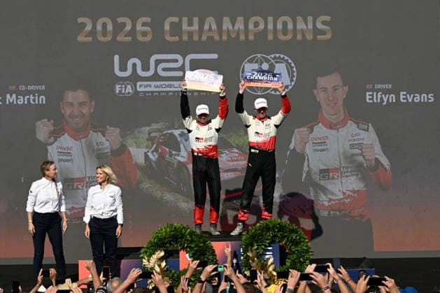 IPA89309437 - ,Driver Elfyn Evans and Co-Driver Scott Martin of the Toyota Gazoo Racing WRT team, driving the Toyota GR Yaris Rally1, celebrate their victory as champions during the FIA World Rally Championship WRC, Motorsport Rallye, WM Rally Italia Sardegna 2026 on October 4 in Alghero, Sardinia, Italy  Copyright: xLucaxBarsali IPAxSportx xx IPA89309437