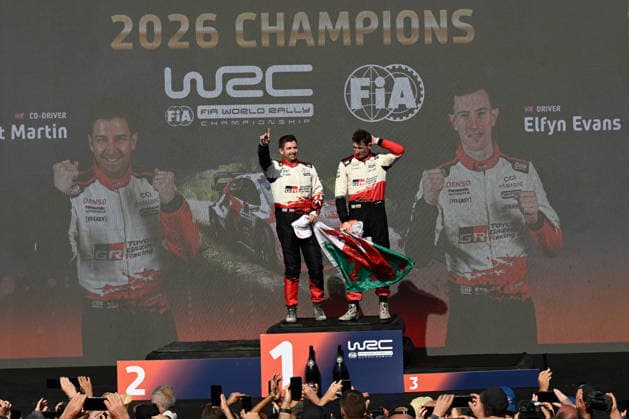 IPA89309622 - ,Driver Elfyn Evans and Co-Driver Scott Martin of the Toyota Gazoo Racing WRT team, driving the Toyota GR Yaris Rally1, celebrate their victory as champions during the FIA World Rally Championship WRC, Motorsport Rallye, WM Rally Italia Sardegna 2026 on October 4 in Alghero, Sardinia, Italy  Copyright: xLucaxBarsali IPAxSportx xx IPA89309622