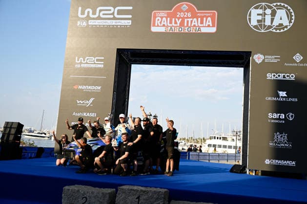 IPA89309635 - Driver Robert Virves and Co-Driver Viilo Jakko, Driver Roope Korhonen and Co-Driver Anssi Viinikka, and Driver Gus Greensmith and Co-Driver Jonas Andersson celebrate their final Rally2 podium finish during the FIA World Rally Championship WRC, Motorsport Rallye, WM Rally Italia Sardegna 2026 on October 4,Alghero, Sardinia, Italy  Copyright: xLucaxBarsali IPAxSportx xx IPA89309635