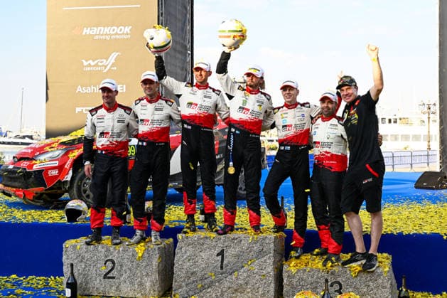 IPA89309624 - Driver Sébastien Ogier and co-driver Vincent Landais, driver Oliver Solber and driver Sami Pajari and co-driver Marko Salminen, co-driver Elliott Edmondson and ,Celebrating the final Rally1 podium during the FIA World Rally Championship WRC, Motorsport Rallye, WM Rally Italia Sardegna 2026 on October 4 in Alghero, Sardinia, Italy  Copyright: xLucaxBarsali IPAxSportx xx IPA89309624