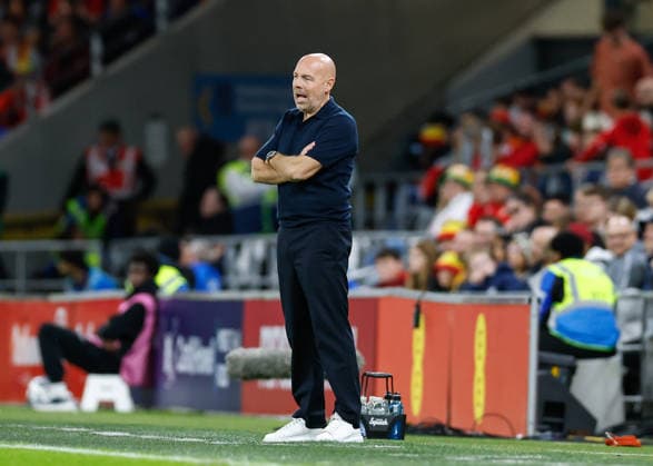 Cardiff, Wales, 4th October 2026. Brian Riemer head coach of Denmark during the Wales vs Denmark UEFA Nations League match at the Cardiff City Stadium, Cardiff. Picture credit should read: Cody Froggatt Sportimage EDITORIAL USE ONLY. No use with unauthorised audio, video, data, fixture lists, club league logos or live services. Online in-match use limited to 120 images, no video emulation. No use in betting, games or single club league player publications. SPI_027_CF_WALES_V_DENMARK SPI-5051-0027