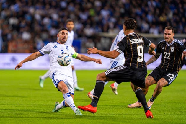 Georgios Masouras, Greece, 07; Derry Scherhant, Germany, 09; and David Raum, Germany, 22; Greece vs. Germany, Soccer, UEFA Nations League, Matchday 4, 2026–2027 Season, October 4, 2026 Greece vs. Germany, Soccer, UEFA Nations League, Matchday 4, 2026–2027 Season, October 4, 2026 Thessaloniki Copyright: xEibner-Pressefoto J.xDerondeaux EP_JDU