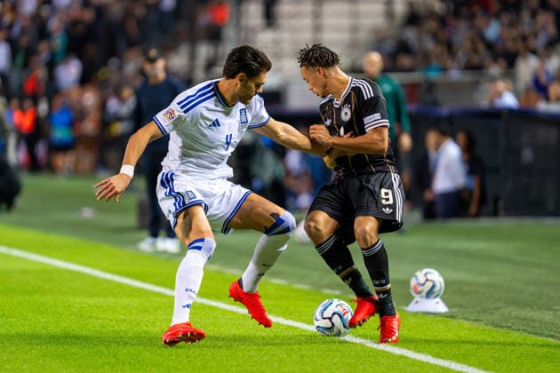 Derry Scherhant, Germany, No. 9 vs. Konstantinos Mavropanos, Greece, No. 04; Greece vs. Germany, Soccer, UEFA Nations League, Matchday 4, 2026–2027 Season, October 4, 2026 Greece vs. Germany, Soccer, UEFA Nations League, Matchday 4, 2026–2027 Season, October 4, 2026 Thessaloniki Copyright: xEibner-Pressefoto J.xDerondeaux EP_JDU
