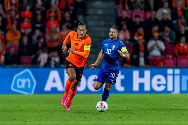 EINDHOVEN Netherlands defender Virgil van Dijk and Serbia forward Dusan Tadic during the UEFA Nations League match between the Netherlands and Serbia at Philips Stadion on October 4, 2026, in Eindhoven, Netherlands. Photo by DeFodi Images