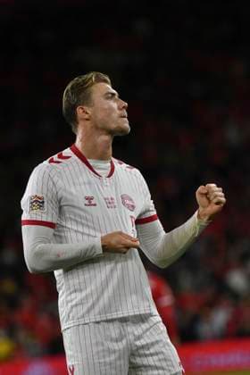 Football - 2026 2027 UEFA Nations League - League A, Group Four: Wales vs. Denmark - Cardiff City Stadium - Sunday 4th October 2026 Rasmus Hojlund DENMARK celebrates scoring his team s first goal colorsport winston bynorth 