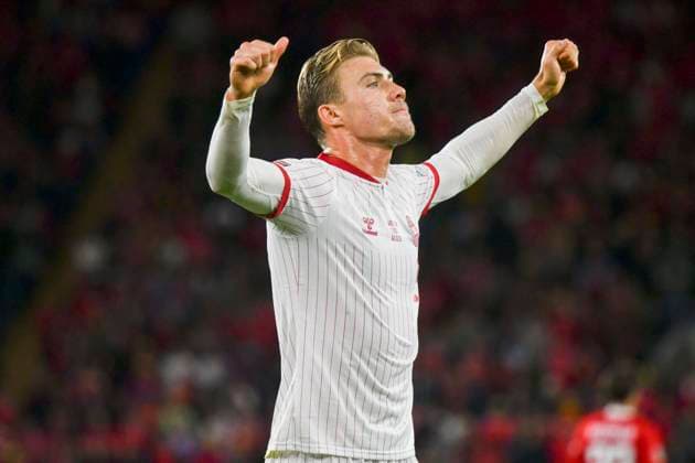 Football - 2026 2027 UEFA Nations League - League A, Group Four: Wales vs. Denmark - Cardiff City Stadium - Sunday 4th October 2026 Rasmus Hojlund DENMARK celebrates scoring his team s first goal colorsport winston bynorth 