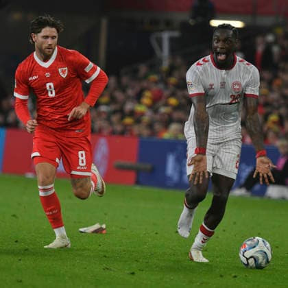 Football - 2026 2027 UEFA Nations League - League A, Group Four: Wales vs. Denmark - Cardiff City Stadium - Sunday 4th October 2026 Mohamed Daramy DENMARK bursts down the wing in with one shoe off colorsport winston bynorth 