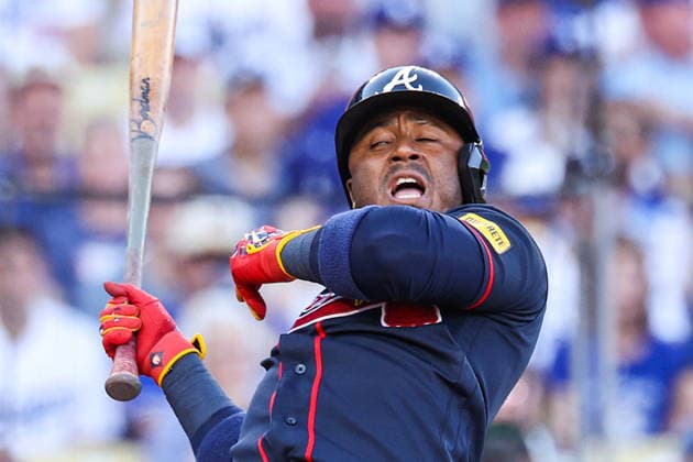 MLB, Baseball Herren, USA National League Division Series - Dodgers vs Braves Game 2 Braves second baseman Ozzie Albies moves away from a pitch close to his face in the first inning in Game 2 of the National League Division Series against the Atlanta Braves at UNIQLO Field at Dodger Stadium in Los Angeles, California, USA, 04 October 2026. LOS ANGELES CALIFORNIA United States  Copyright: xCHRISxTORRESx