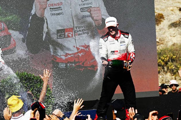FIA WRC, Motorsport Rallye, WM Rally Italia Sardegna 2026 Elfyn Evans and co-driver Scott Martin of Toyota Gazoo Racing WRT celebrate their victory in the Toyota GR Yaris Rally1 during the FIA World Rally Championship WRC Rally Italia Sardegna in Alghero, Sardinia, Italy, on October 4, 2026. Alghero Sardinia Italy  Copyright: xLucaxBarsalix originalFilename:barsali-gpformul261004_npCqC.jpg