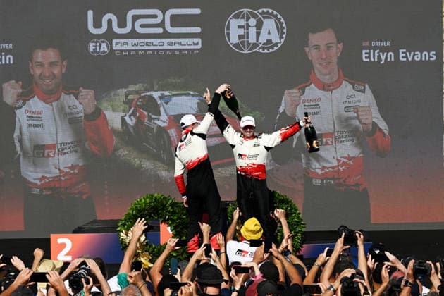 FIA WRC, Motorsport Rallye, WM Rally Italia Sardegna 2026 Elfyn Evans and co-driver Scott Martin of Toyota Gazoo Racing WRT celebrate their victory in the Toyota GR Yaris Rally1 during the FIA World Rally Championship WRC Rally Italia Sardegna in Alghero, Sardinia, Italy, on October 4, 2026. Alghero Sardinia Italy  Copyright: xLucaxBarsalix originalFilename:barsali-wrcrally261004_npkH1.jpg