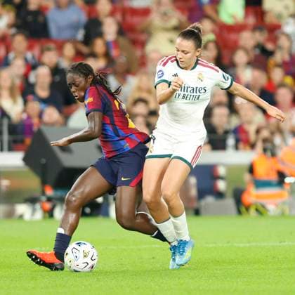 October 4, 2026, Sabadell, Barcelona, Spain: Barcelona Spain 04.09.2026 Aicha Camara ( FC Barcelona, Barca and Silvi (Real Madrid) battle for the ball during the Liga F between FC Barcelona and Real Madrid at Camp Nou on 04 October 2026 in Barcelona. Sabadell Spain - ZUMAu50_ 20261004_zsp_u50_021 Copyright: xXavixUrgelesx