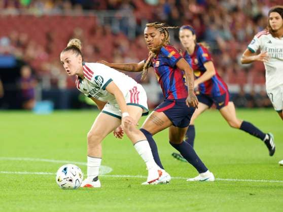 October 4, 2026, Sabadell, Barcelona, Spain: Barcelona Spain 04.09.2026 Kerolin ( FC Barcelona, Barca and Irune Dorado (Real Madrid) battle for the ball during the Liga F between FC Barcelona and Real Madrid at Camp Nou on 04 October 2026 in Barcelona. Soccer Liga F: FC Barcelona 7-0 Real Madrid  - ZUMAu50_ 20261004_zsp_u50_028 Copyright: xXavixUrgelesx