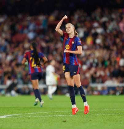 October 4, 2026, Sabadell, Barcelona, Spain: Barcelona Spain 04.09.2026 Caroline Graham Hansen ( FC Barcelona, Barca celebrates after scoring his team s fourth goal during the Liga F between FC Barcelona and Real Madrid at Camp Nou on 04 October 2026 in Barcelona. Soccer Liga F: FC Barcelona 7-0 Real Madrid  - ZUMAu50_ 20261004_zsp_u50_032 Copyright: xXavixUrgelesx