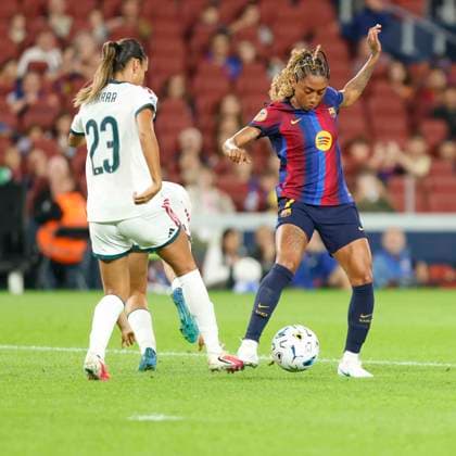 October 4, 2026, Sabadell, Barcelona, Spain: Barcelona Spain 04.09.2026 Kerolin ( FC Barcelona, Barca and Maelle Lakrar (Real Madrid) battle for the ball during the Liga F between FC Barcelona and Real Madrid at Camp Nou on 04 October 2026 in Barcelona. Soccer Liga F: FC Barcelona 7-0 Real Madrid  - ZUMAu50_ 20261004_zsp_u50_053 Copyright: xXavixUrgelesx