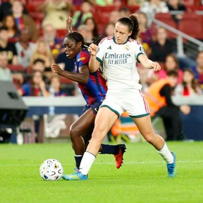 October 4, 2026, Sabadell, Barcelona, Spain: Barcelona Spain 04.09.2026 Aicha Camara ( FC Barcelona, Barca and Silvi (Real Madrid) battle for the ball during the Liga F between FC Barcelona and Real Madrid at Camp Nou on 04 October 2026 in Barcelona. Soccer Liga F: FC Barcelona 7-0 Real Madrid  - ZUMAu50_ 20261004_zsp_u50_058 Copyright: xXavixUrgelesx