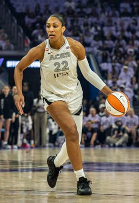 OCT 04 2026 San Francisco, CA U.S.A. CAPTION CORRECTION: Las Vegas Aces center A ja Wilson (22)dribbles the ball on the court during the WNBA, Basketball Damen, USA semifinals playoff game 1 western conference between the Las Vegas Aces and the Golden State Valkyries at the Chase Centers. CSM WNBA Semi Finals Game 1 2026: Las Vegas Vs Golden State OCT 4  - ZUMAc04_ 20261004_zma_c04_356 Copyright: xThurmanxJamesx