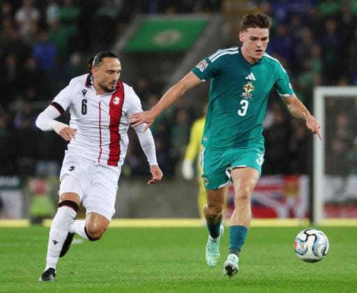 UEFA Nations League Group Stage Northern Ireland vs Georgia 5 10 2026 Northern Ireland™s Justin Devenny with Georgia™s Giorgi Kochorashvili Justin Devenny with Giorgi Kochorashvili 5 10 2026  Copyright: xx 051026JP2football005