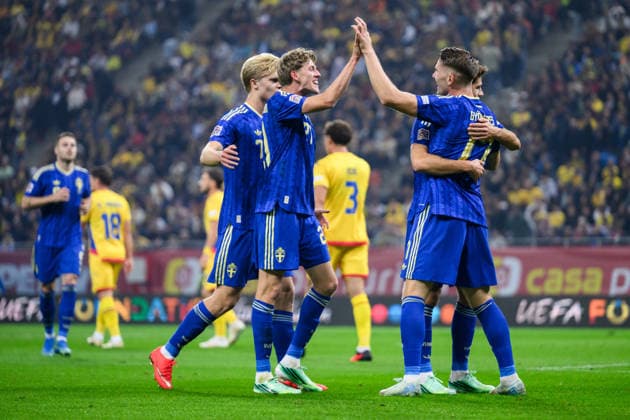 October 5, 2026: Viktor Gyökeres of Sweden celebrates with his teammates after scoring the 0-1 goal during the Nations League soccer match between Romania and Sweden on October 5, 2026 in Bucharest. Photo by Ludvig Thunman, BILDBYRAN. Code: LT LT0828. soccer, football, fotball, Nations League, UEFA Nations League, Romania, Sweden, Sweden A, BBENG, celebration Copyright: LUDVIGxTHUNMAN BB261005LT076