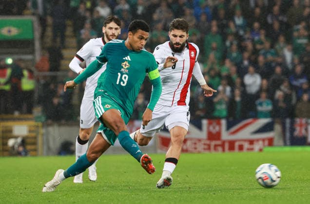 UEFA Nations League Group Stage Northern Ireland vs Georgia 5 10 2026 Northern Ireland™s Shea Charles with Georgia s Zuriko Davitashvili Shea Charles with Zuriko Davitashvili 5 10 2026  Copyright: xx N Ireland v Georgia_075