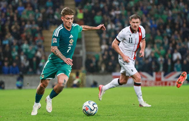 UEFA Nations League Group Stage Northern Ireland vs Georgia 5 10 2026 Northern Ireland™s Ethan Galbraith with Georgia s Budu Zivzivadze Ethan Galbraith with Budu Zivzivadze 5 10 2026  Copyright: xx N Ireland v Georgia_079