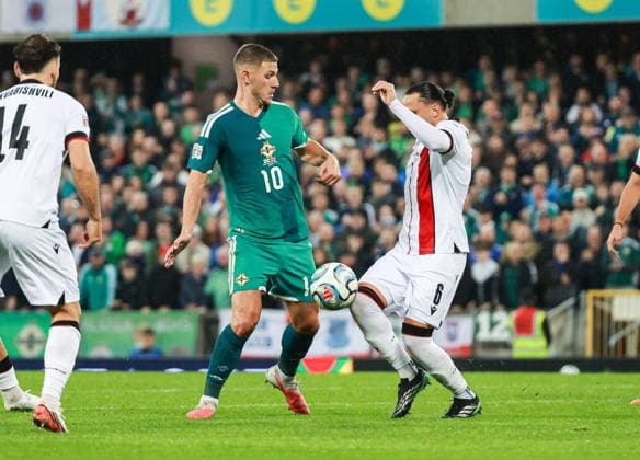 UEFA Nations League Group Stage Northern Ireland vs Georgia 5 10 2026 Northern Ireland™s Jamie Donley with Georgia s Giorgi Kochorashvili Jamie Donley with Giorgi Kochorashvili 5 10 2026  Copyright: xx N Ireland v Georgia_081
