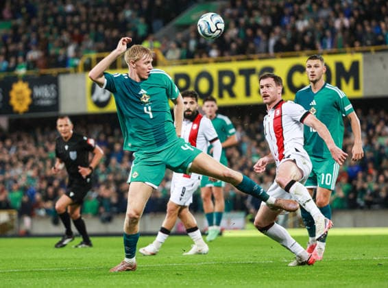 UEFA Nations League Group Stage Northern Ireland vs Georgia 5 10 2026 Northern Ireland™s Tom Atcheson with Georgia s Budu Zivzivadze Tom Atcheson with Budu Zivzivadze 5 10 2026  Copyright: xx N Ireland v Georgia_083