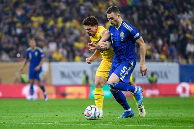 October 5, 2026: Gabriel Gudmundsson of Sweden and Razvan Marin of Romania during the Nations League soccer match between Romania and Sweden on October 5, 2026 in Bucharest. Photo by Ludvig Thunman. BILDBYRAN code LT LT0828 soccer football fotball Nations League UEFA Nations League Romania Sweden Sweden A BBENG  Copyright: LUDVIGxTHUNMAN BB261005LT116