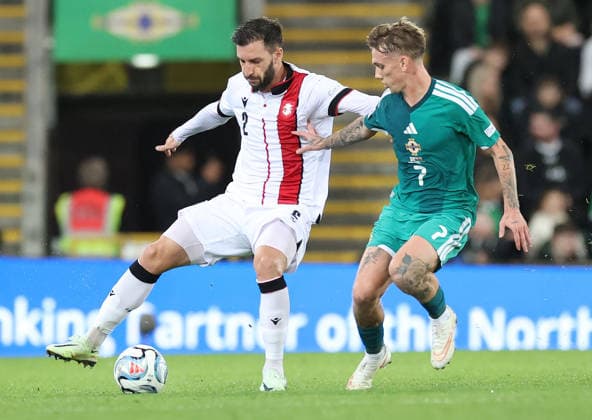 UEFA Nations League Group Stage Northern Ireland vs Georgia 5 10 2026 Northern Ireland™s Ethan Galbraith and Georgia™s Otar Kakabadze Ethan Galbraith and Otar Kakabadze 5 10 2026  Copyright: xx UNL N Ireland v Georgia 015
