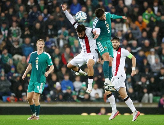 UEFA Nations League Group Stage Northern Ireland vs Georgia 5 10 2026 Northern Ireland™s Trai Hume with Georgia™s Zuriko Davitashvili Trai Hume with Zuriko Davitashvili 5 10 2026  Copyright: xx 051026JP2football032
