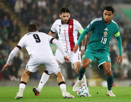UEFA Nations League Group Stage Northern Ireland vs Georgia 5 10 2026 Northern Ireland™s Shea Charles with Georgia™s Zuriko Davitashvili and Khvicha Kvaratskhelia Shea Charles with Zuriko Davitashvili and Khvicha Kvaratskhelia 5 10 2026  Copyright: xx 051026JP2football034