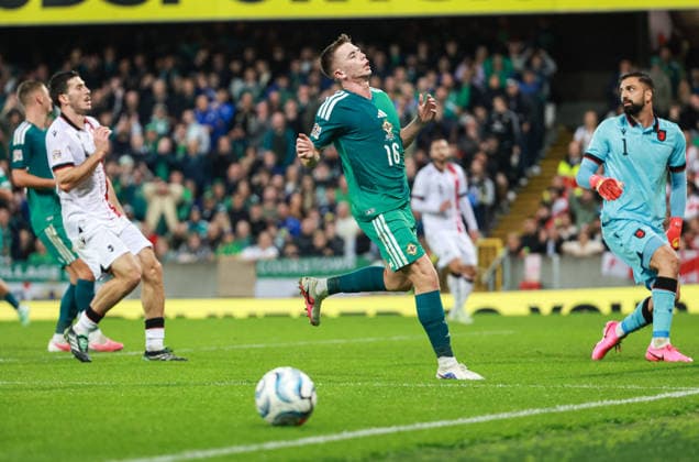 UEFA Nations League Group Stage Northern Ireland vs Georgia 5 10 2026 Northern Ireland™s Patrick Kelly with Georgia s Giorgi Mamardashvili Patrick Kelly with Giorgi Mamardashvili 5 10 2026  Copyright: xx N Ireland v Georgia_094