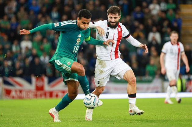 UEFA Nations League Group Stage Northern Ireland vs Georgia 5 10 2026 Northern Ireland™s Shea Charles with Georgia s Zuriko Davitashvili Shea Charles with Zuriko Davitashvili 5 10 2026  Copyright: xx N Ireland v Georgia_095