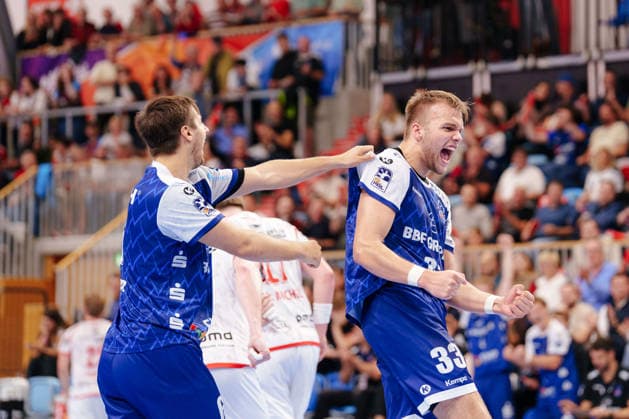 2 Handball Bundesliga, Matchday 6, Game 1: VfL Potsdam vs. TuS Ferndorf. Tim Niclas Schröder (No. 1, VfL Potsdam, No. 33) celebrates on October 5, 2026, at the MBS Arena in Potsdam, Brandenburg, Germany.