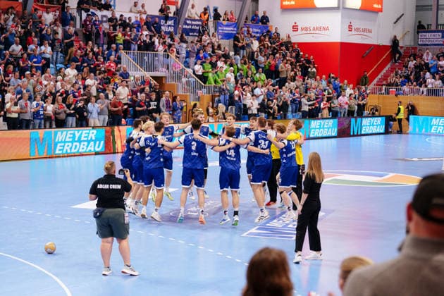 2 Handball Bundesliga, Matchday 6: VfL Potsdam vs. TuS Ferndorf 1. VfL Potsdam celebrates its sixth league victory on October 5, 2026, at the MBS Arena in Potsdam, Brandenburg, Germany.