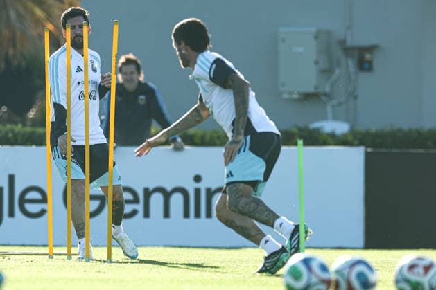 Argentina’s forward Lionel Messi (L) and teammate Rodrigo De Paul take part in a training session at the AFA (Argentine Football Association) training center in Ezeiza, Buenos Aires Province, on October 5, 2026, ahead of the upcoming friendly soccer matches against the Benin national team. Lionel Messi took part in the final training session of his professional career with the Argentine national team before his farewell match. Photo by Alejandro Pagni PHOTOxPHOTO Copyright: xAlejandroxPAGNIx