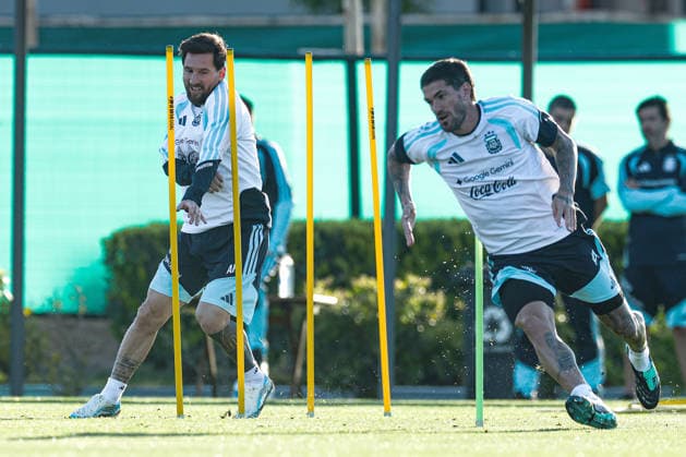 Argentina’s forward Lionel Messi (L) and teammate Rodrigo De Paul take part in a training session at the AFA (Argentine Football Association) training center in Ezeiza, Buenos Aires Province, on October 5, 2026, ahead of the upcoming friendly soccer matches against the Benin national team. Lionel Messi took part in the final training session of his professional career with the Argentine national team before his farewell match. Photo by Alejandro Pagni PHOTOxPHOTO Copyright: xAlejandroxPAGNIx