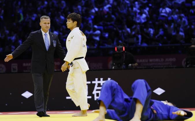 Judo: World championships Hifumi Abe of Japan is pictured after beating David Garcia Torne of Spain in the men s 66-kilogram final at the judo world championships in Baku, Azerbaijan, on Oct. 5, 2026.  A14AA0005630219P