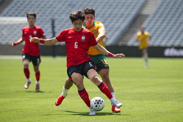 October 6, 2026, Gosford, Australia: Kwon Gimin (front) of Korea Republic football team and Miguel Di Pizio (back) of Australia football team seen in action during the U23 International Friendlies match between Australia and Korea Republic held at polytec Stadium. Final score; Australia 2:2 Korea Republic. Gosford Australia - ZUMAs197 20261006_aaa_s197_011 Copyright: xLuisxVeniegrax