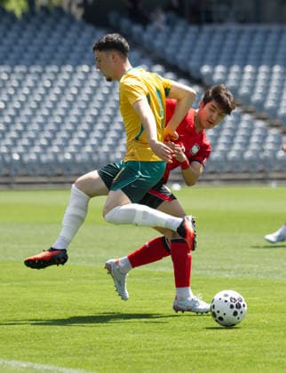October 6, 2026, Gosford, Australia: Medin Merneti (front) of Australia football team and Kwon Gimin (back) of Korea Republic football team seen in action during the U23 International Friendlies match between Australia and Korea Republic held at polytec Stadium. Final score; Australia 2:2 Korea Republic. Australia Vs Korea Republic In Gosford - 06 Oct 2026  - ZUMAs197 20261006_aaa_s197_017 Copyright: xLuisxVeniegrax