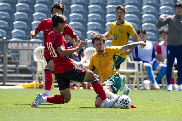 October 6, 2026, Gosford, Australia: Kang Minwoo (L) of Korea Republic football team and Tiago Quintal (R) of Australia football team seen in action during the U23 International Friendlies match between Australia and Korea Republic held at polytec Stadium. Final score; Australia 2:2 Korea Republic. Australia Vs Korea Republic In Gosford - 06 Oct 2026  - ZUMAs197 20261006_aaa_s197_031 Copyright: xLuisxVeniegrax
