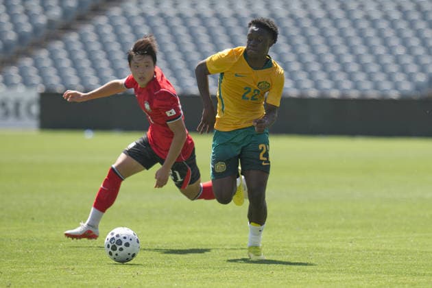 Australia Vs Korea Republic in Gosford - 06 Oct 2026 Amlani Tatu of Australia football team and Kim Yegeon of Korea Republic football team seen in action during the U23 International Friendlies match between Australia and Korea Republic held at polytec Stadium. Final score; Australia 2:2 Korea Republic. Gosford Australia Copyright: xLuisxVeniegrax xSOPAxImagesx 20261006_FAIF_LuisVeniegra4969